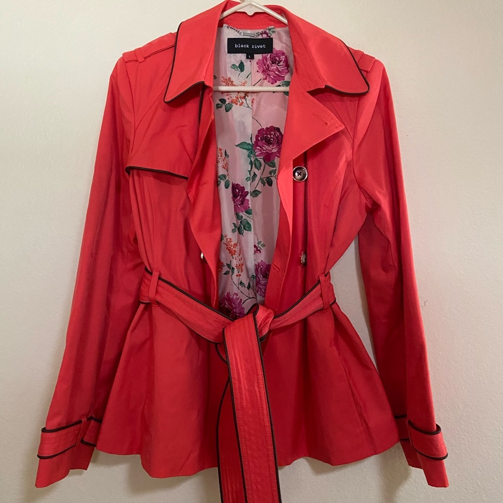 black rivet trench coat- coral color